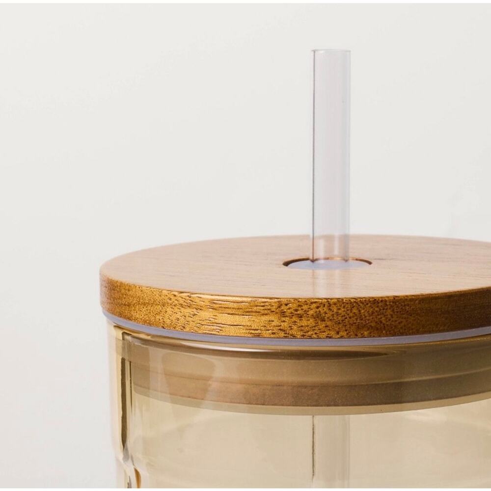 Set of 2- 21oz Fluted Rounded Glass Tumbler Wooden Lid - Hearth & Hand Magnolia - Picture 4 of 5